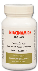 CLEARANCE SALE: Niacinamide (B-3) 500 mg, 100 tablets (Plymouth Bell)