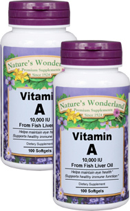 Vitamin A 10,000 IU, 100 softgels each &lt;BR&gt;Buy One, Get One For 99 Cents! (Nature's Wonderland)