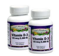 Vitamin D3 5000 IU/ 125 mcg, 100 softgels each (Nature's Wonderland)