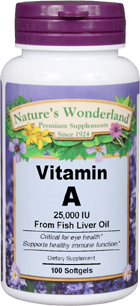 Vitamin A 25,000 IU 100 softgels (Nature's Wonderland)