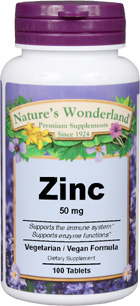 Zinc - 50 mg, 100 tablets (Nature's Wonderland)